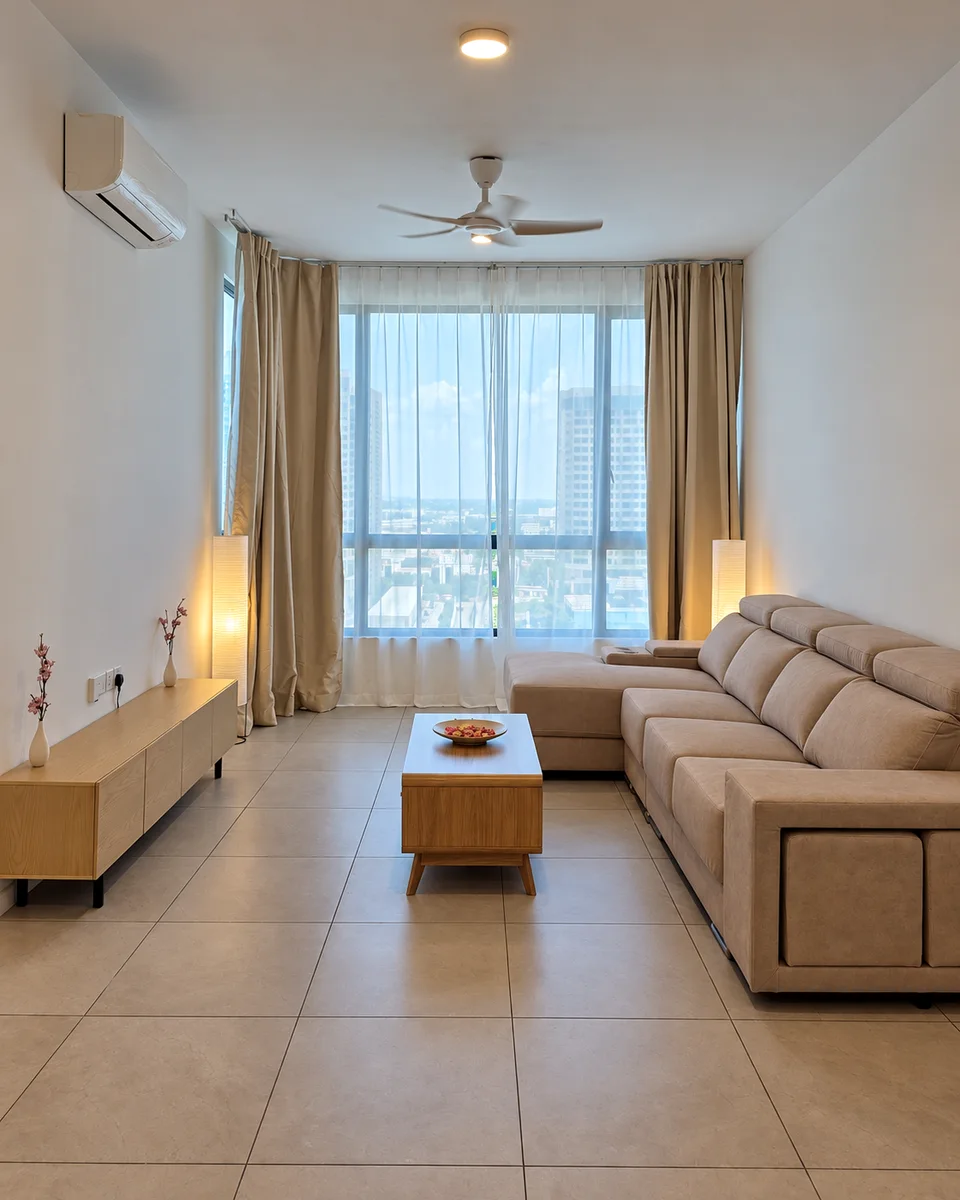 Anggun Residence, Batu Kawan: Living area with sofa, coffee table and curtains.